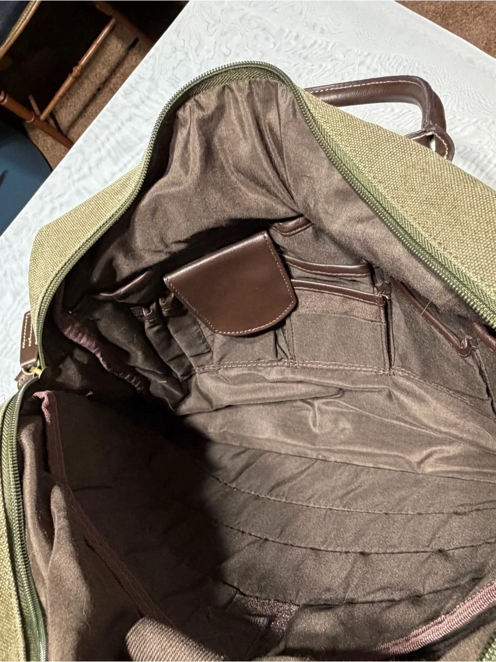 Tommy Bahama Olive Canvas Messenger with Brown Leather Trim
